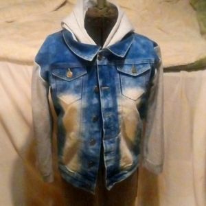 Denim jacket with hoodie sleeves and hood